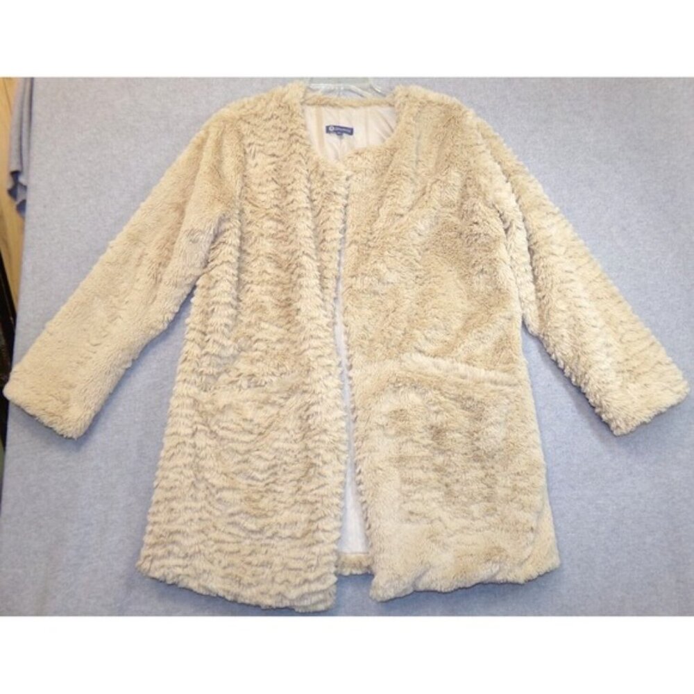 Democracy Open Front Faux Fur‎ Coat Womens Pebble Tan Size M Soft Teddy Pockets